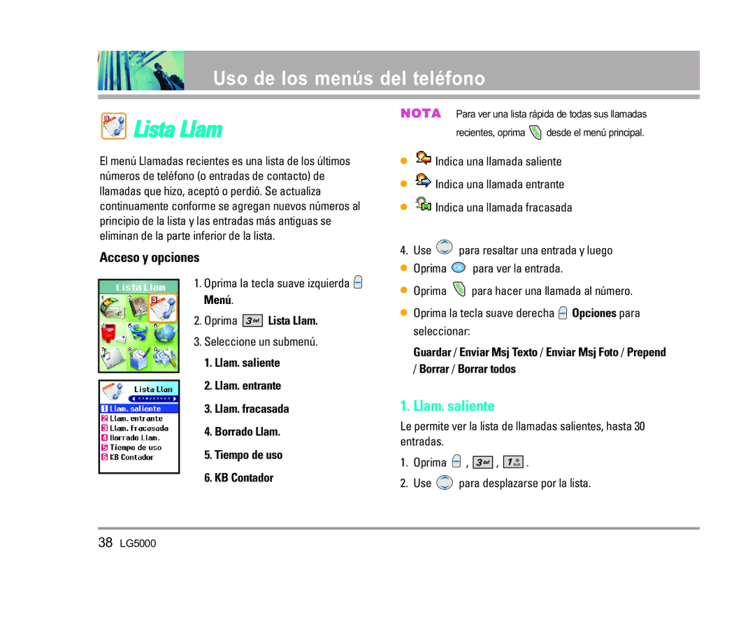 LG Electronics 5000 manual Lista Llam, Llam. saliente 