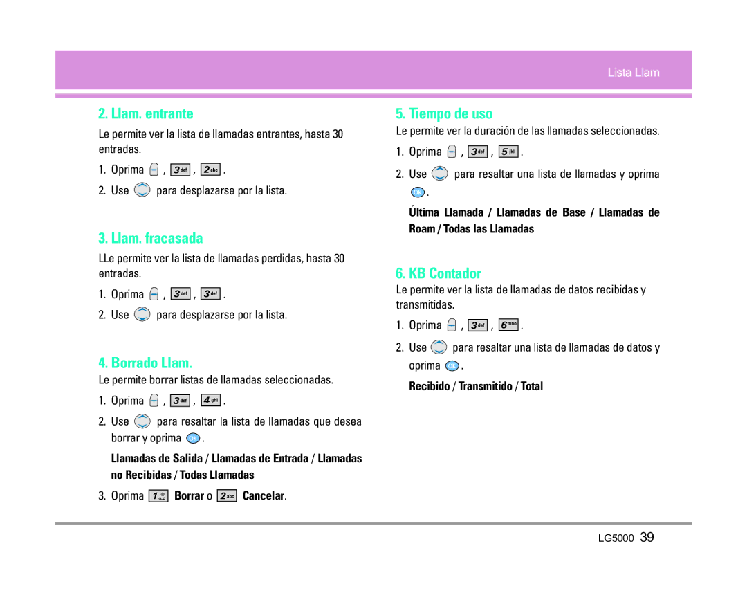 LG Electronics 5000 manual Llam. entrante, Llam. fracasada, Borrado Llam, Tiempo de uso, KB Contador 