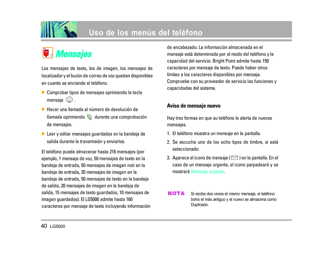 LG Electronics 5000 manual Mensajes, Aviso de mensaje nuevo 