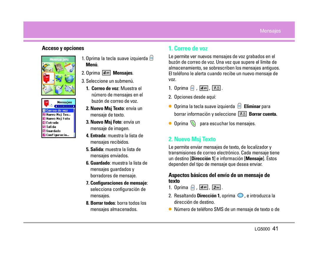 LG Electronics 5000 Correo de voz, Nuevo Msj Texto, Aspectos básicos del envío de un mensaje de texto, Oprima Mensajes 