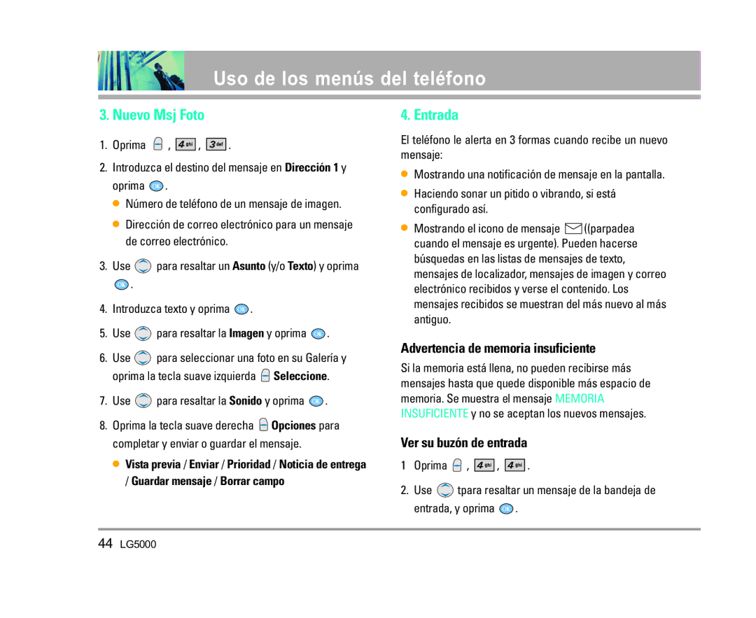 LG Electronics 5000 manual Nuevo Msj Foto, Entrada, Advertencia de memoria insuficiente, Ver su buzón de entrada 