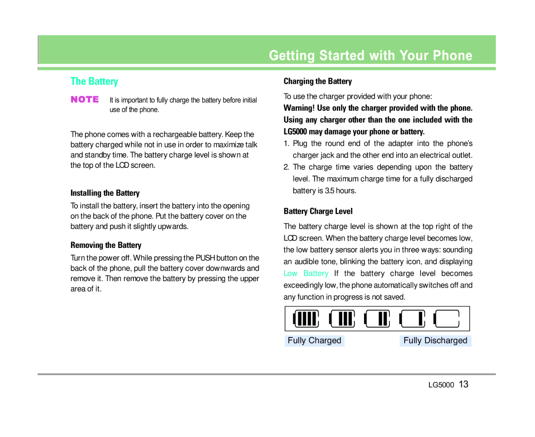 LG Electronics 5000 manual Getting Started with Your Phone, Battery 