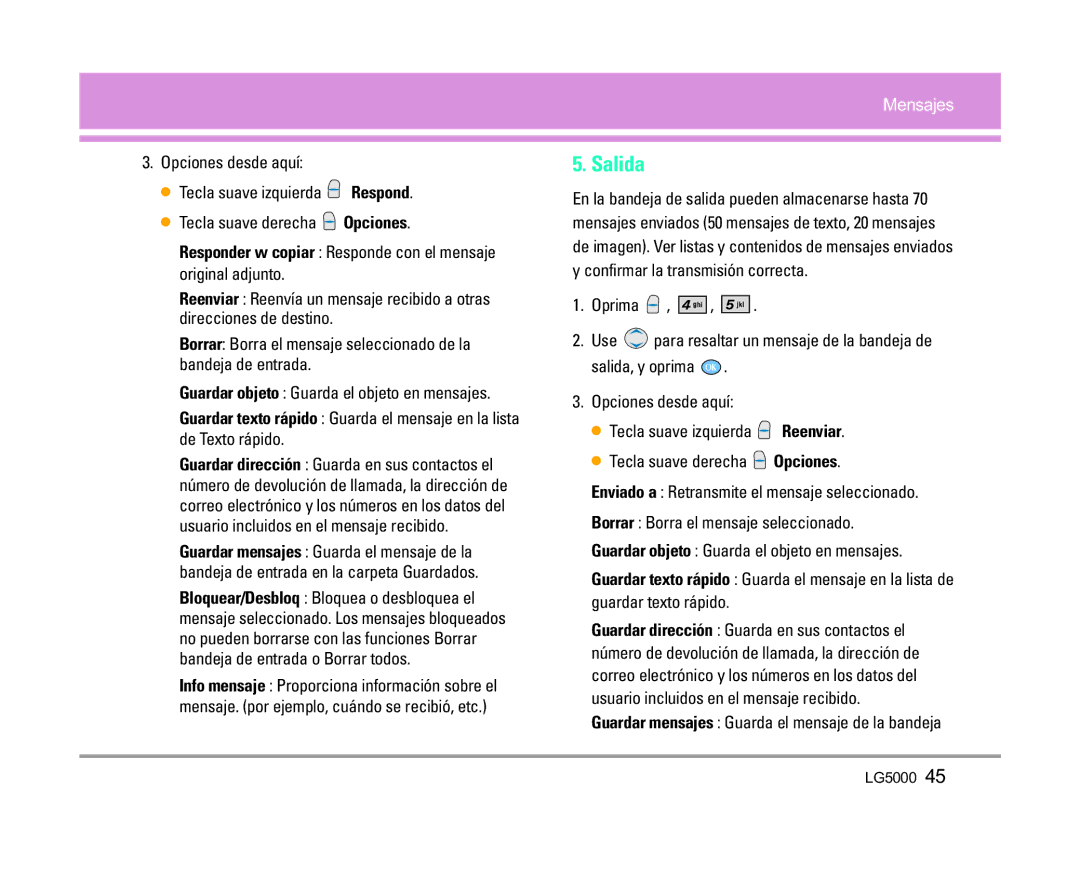 LG Electronics 5000 manual Salida, Responder w copiar Responde con el mensaje original adjunto 