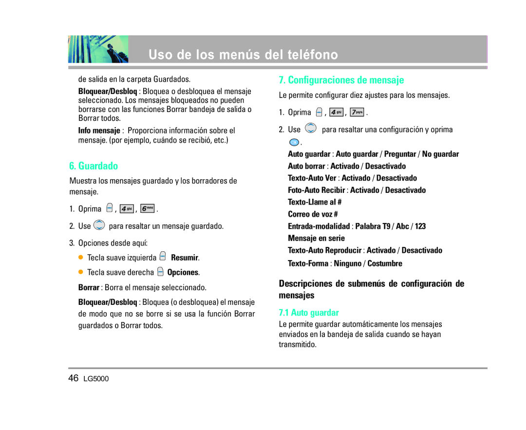 LG Electronics 5000 manual Guardado, Configuraciones de mensaje, Descripciones de submenús de configuración de mensajes 