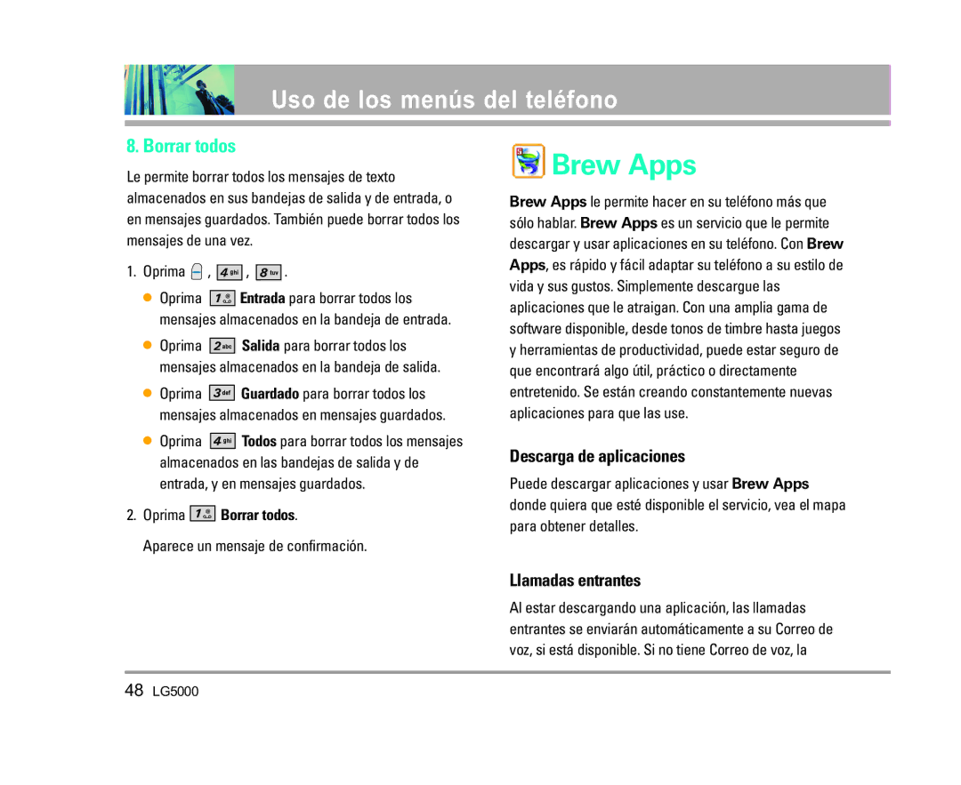 LG Electronics 5000 manual Descarga de aplicaciones, Llamadas entrantes, Oprima Borrar todos 