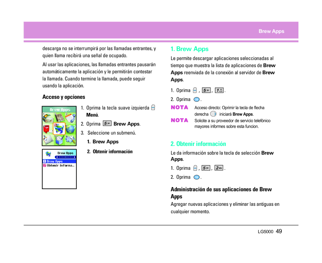 LG Electronics 5000 manual Obtenir información, Administración de sus aplicaciones de Brew Apps, Oprima Brew Apps 