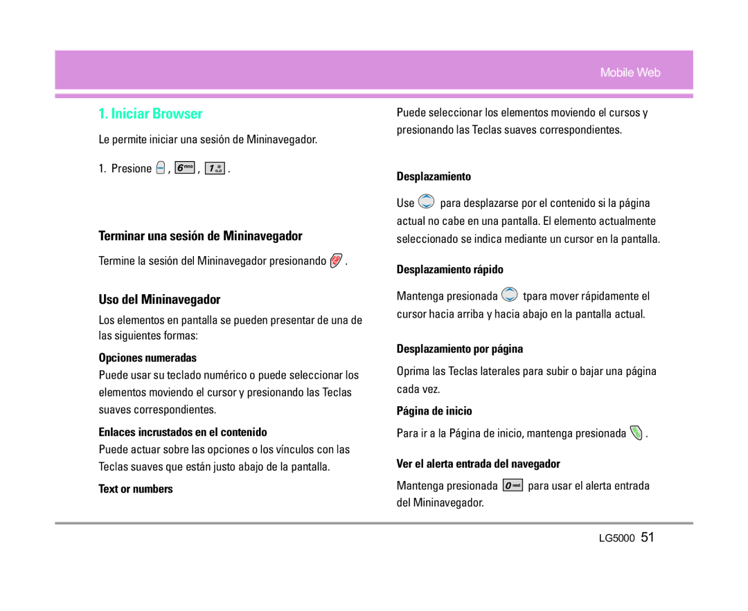 LG Electronics 5000 manual Iniciar Browser, Terminar una sesión de Mininavegador, Uso del Mininavegador 