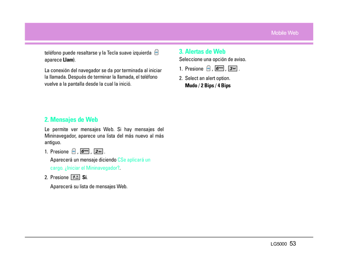 LG Electronics 5000 manual Mensajes de Web, Alertas de Web, Presione Sí Aparecerá su lista de mensajes Web 