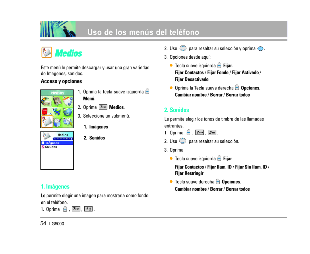 LG Electronics 5000 manual Medios, Imágenes Sonidos, Fijar Restringir 