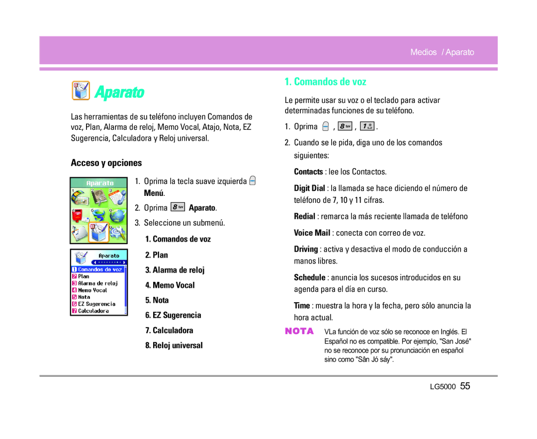 LG Electronics 5000 manual Aparato, Comandos de voz 