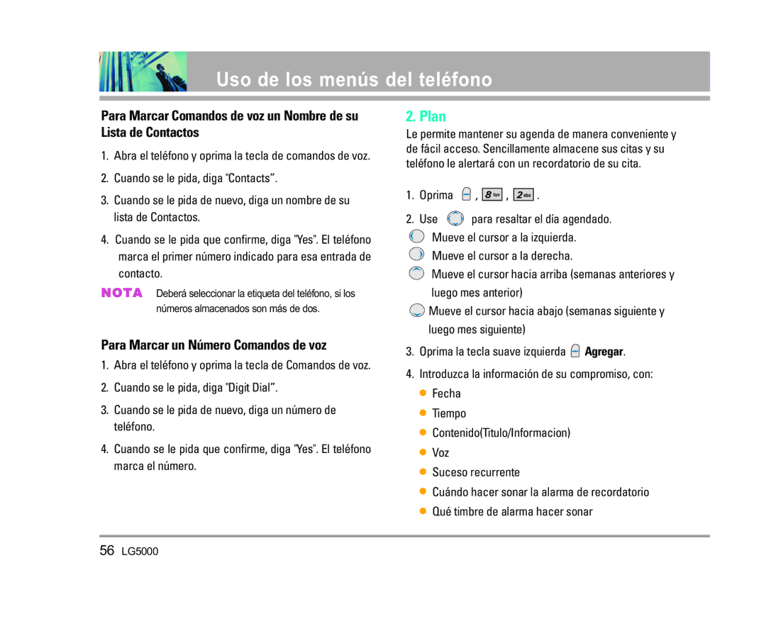 LG Electronics 5000 manual Plan, Para Marcar un Número Comandos de voz 