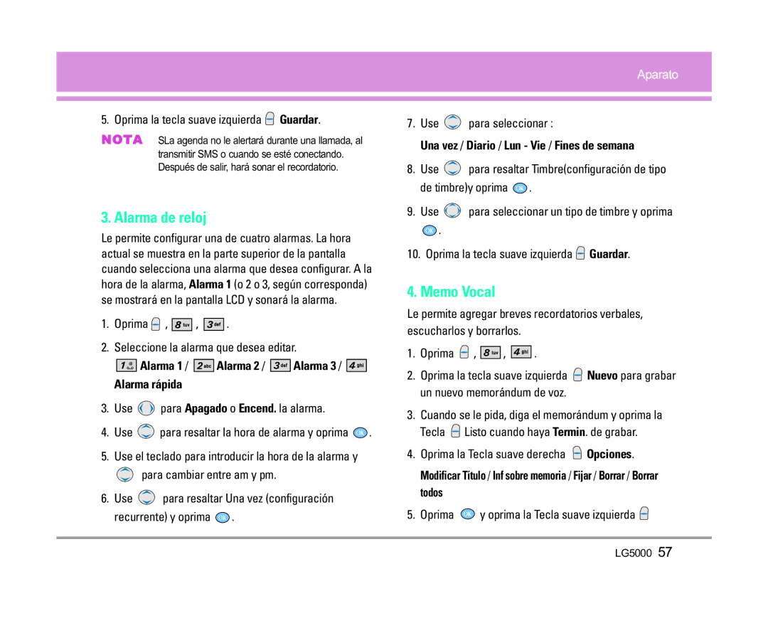 LG Electronics 5000 manual Alarma de reloj, Memo Vocal, Alarma rápida, Una vez / Diario / Lun Vie / Fines de semana 