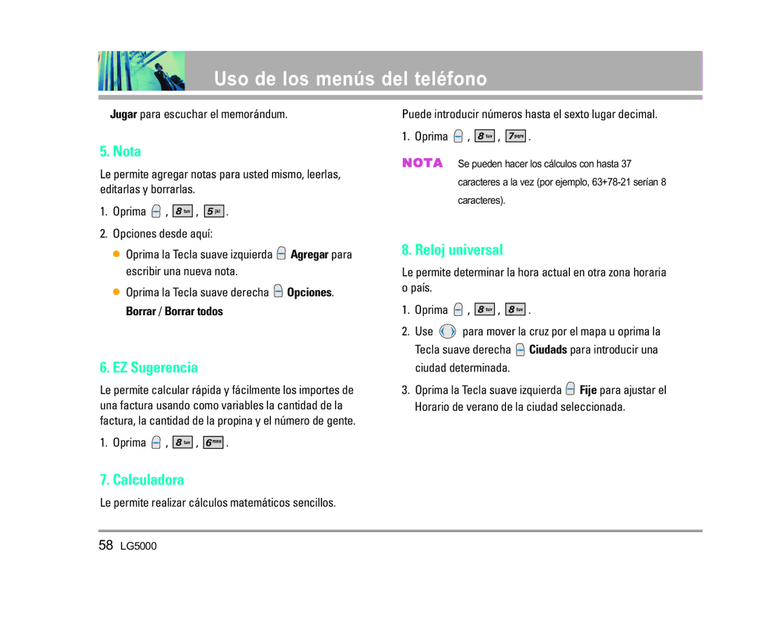 LG Electronics 5000 manual Nota, EZ Sugerencia, Calculadora, Reloj universal, Jugar para escuchar el memorándum 