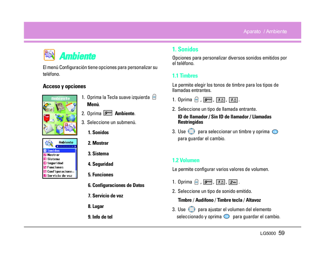 LG Electronics 5000 Timbres, Volumen, Oprima Ambiente, ID de llamador / Sin ID de llamador / Llamadas Restringidas 