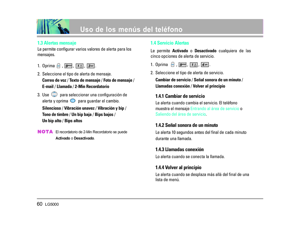 LG Electronics 5000 manual Alertas mensaje, Servicio Alertas 
