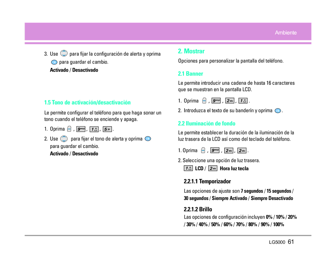 LG Electronics 5000 manual Mostrar, Tono de activación/desactivación, Iluminación de fondo, Temporizador, Brillo 