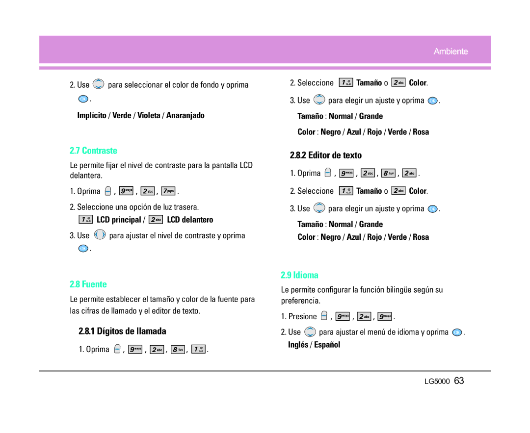 LG Electronics 5000 manual Contraste, Editor de texto, Fuente, 1 Dígitos de llamada, Idioma 