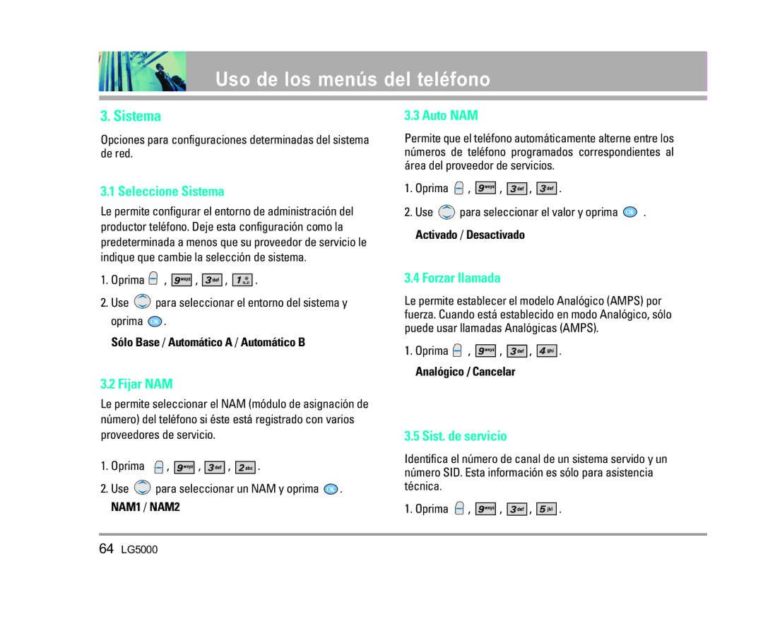 LG Electronics 5000 manual Seleccione Sistema, Fijar NAM, Forzar llamada, Sist. de servicio 