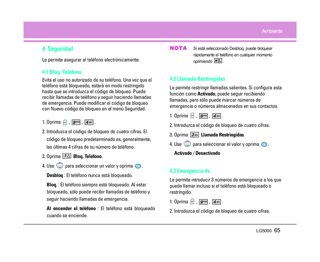 LG Electronics 5000 manual Seguridad, Bloq. Teléfono, Llamada Restringidas, Emergencia #s 