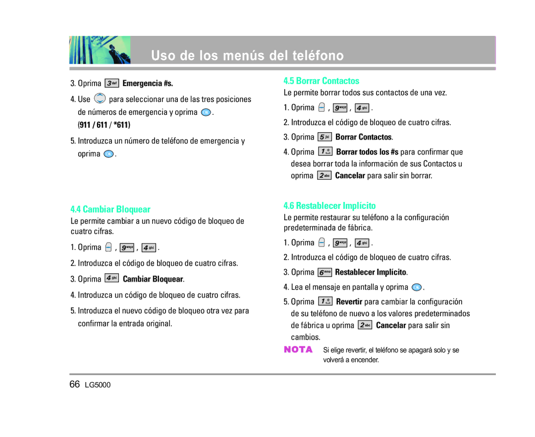 LG Electronics 5000 manual Borrar Contactos, Cambiar Bloquear, Restablecer Implícito 