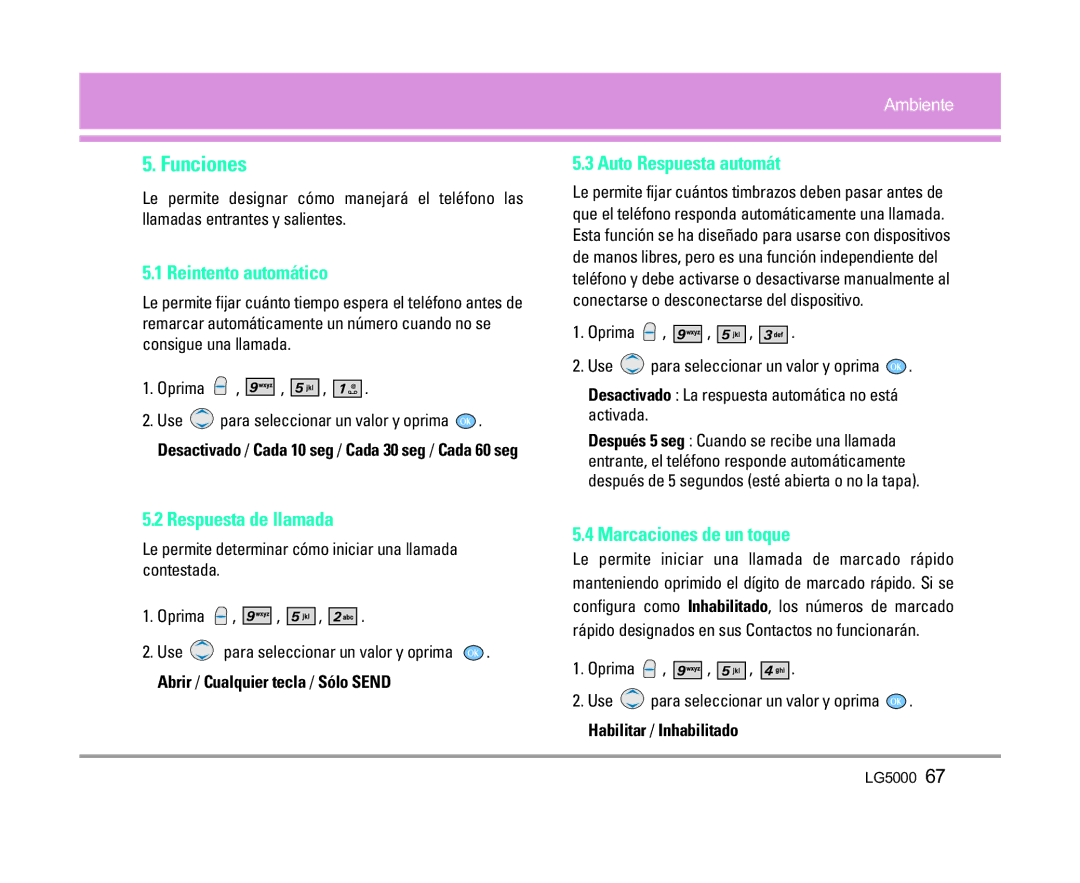 LG Electronics 5000 Funciones, Reintento automático, Respuesta de llamada, Auto Respuesta automát, Marcaciones de un toque 