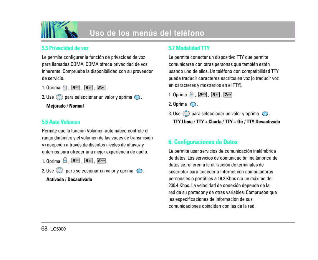 LG Electronics 5000 manual Configuraciones de Datos, Privacidad de voz, Auto Volumen, Modalidad TTY 