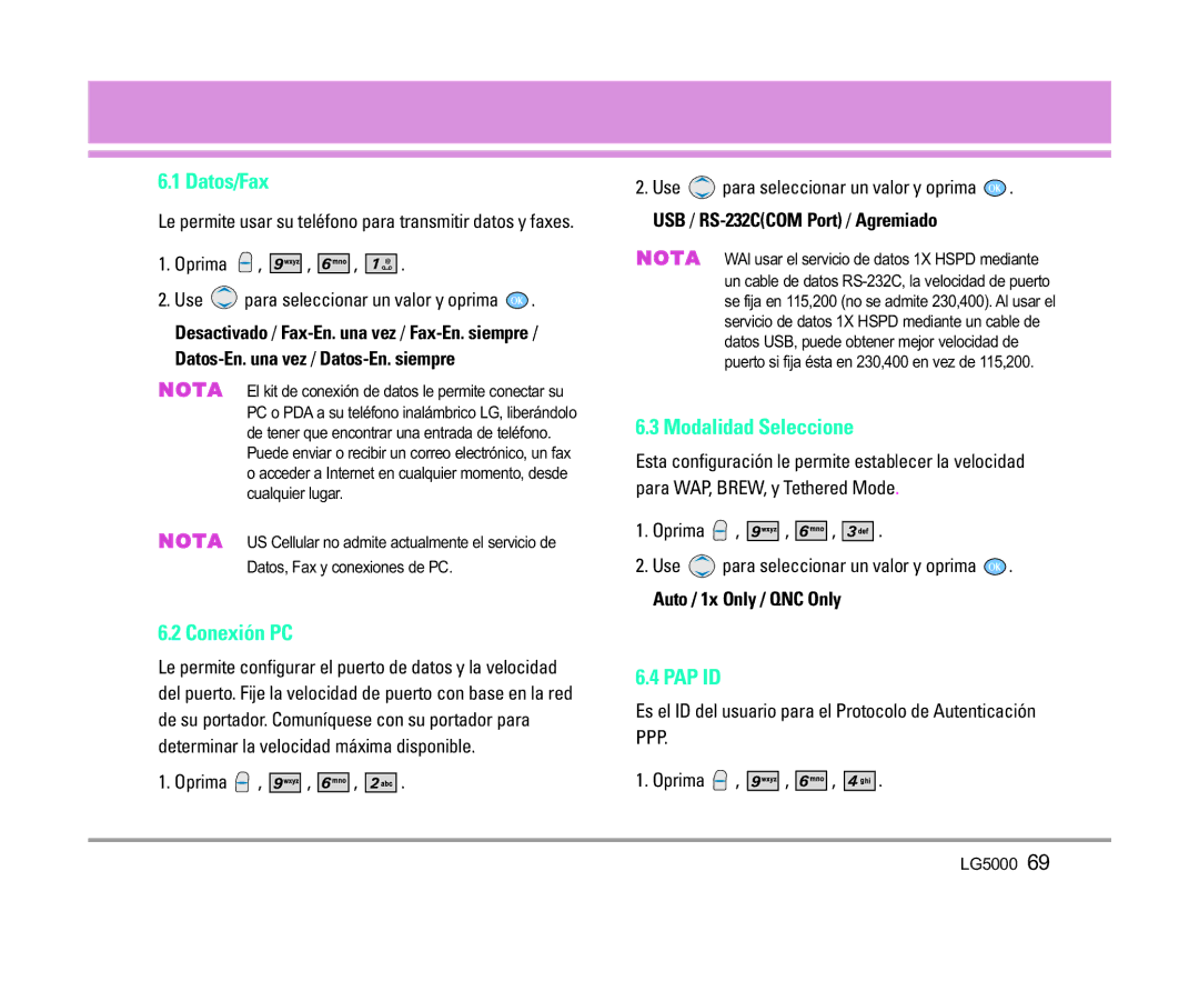 LG Electronics 5000 manual Datos/Fax, Conexión PC, Modalidad Seleccione 