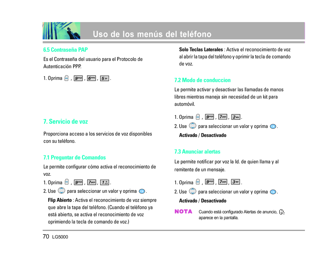 LG Electronics 5000 manual Servicio de voz, Contraseña PAP, Preguntar de Comandos, Modo de conduccion, Anunciar alertas 