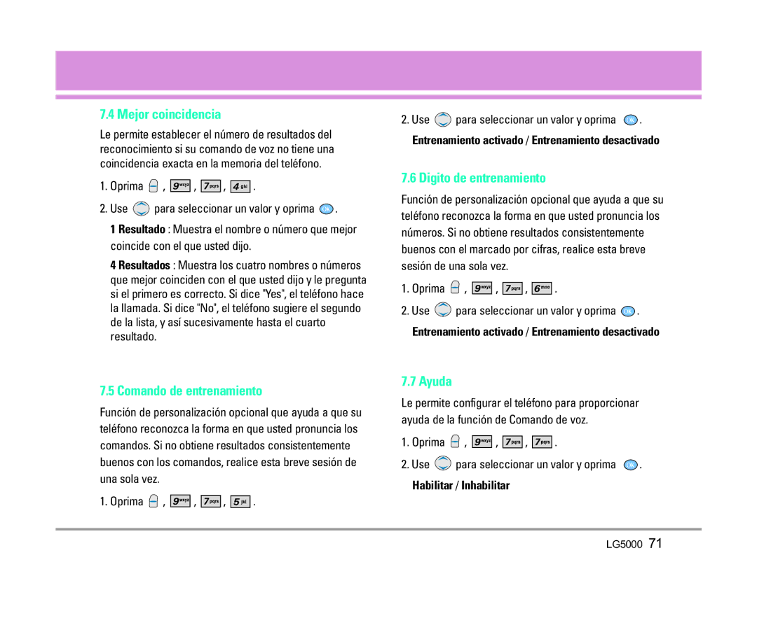 LG Electronics 5000 manual Mejor coincidencia, Digito de entrenamiento, Comando de entrenamiento, Ayuda 