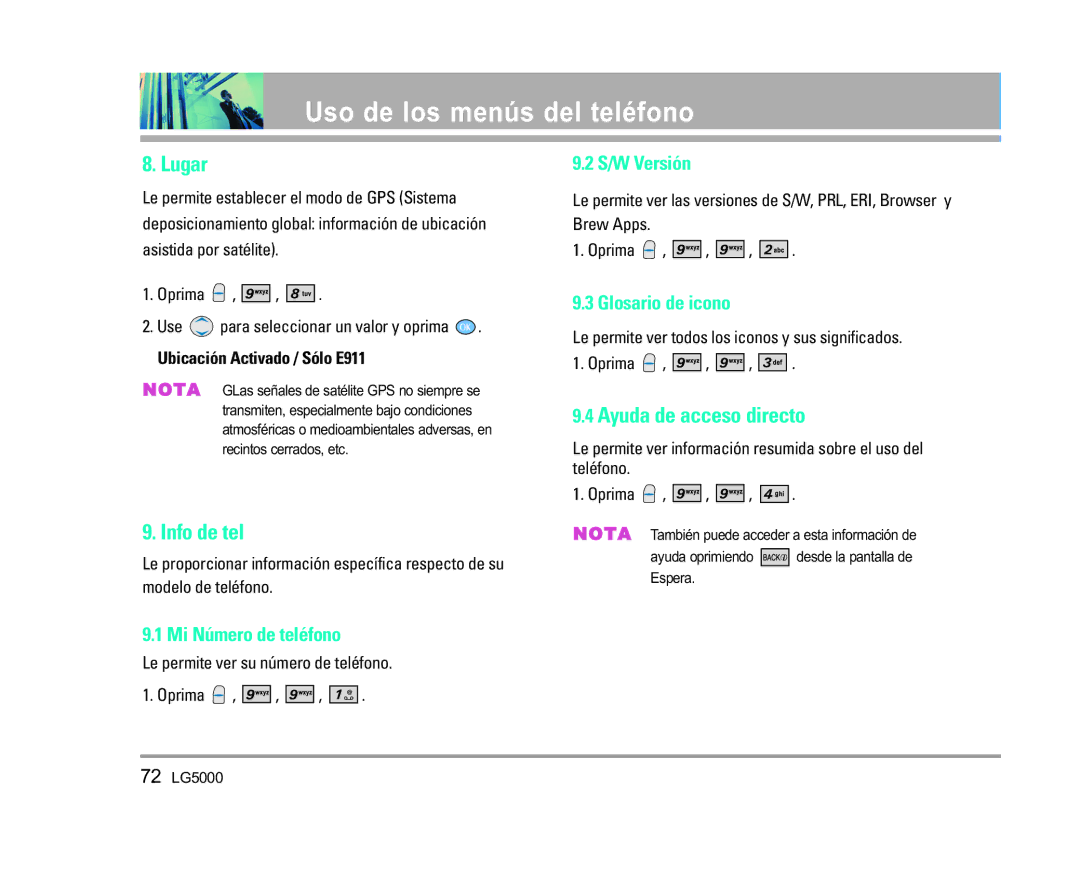 LG Electronics 5000 manual Lugar, Info de tel, Ayuda de acceso directo 