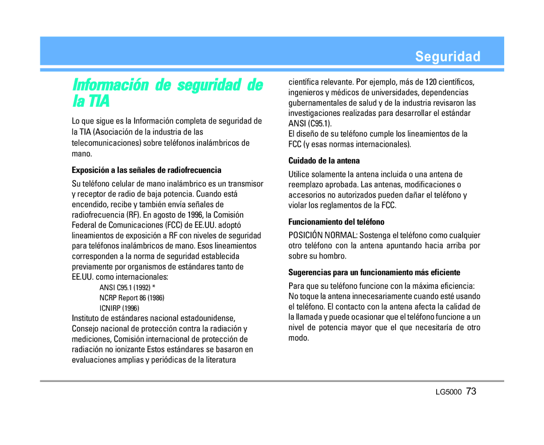 LG Electronics 5000 manual Información de seguridad de la TIA, Seguridad, Exposición a las señales de radiofrecuencia 