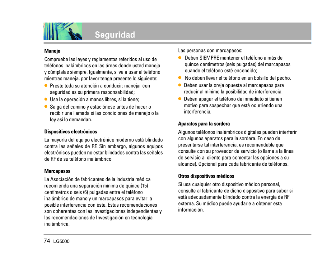 LG Electronics 5000 Manejo, Dispositivos electrónicos, Marcapasos, Aparatos para la sordera, Otros dispositivos médicos 