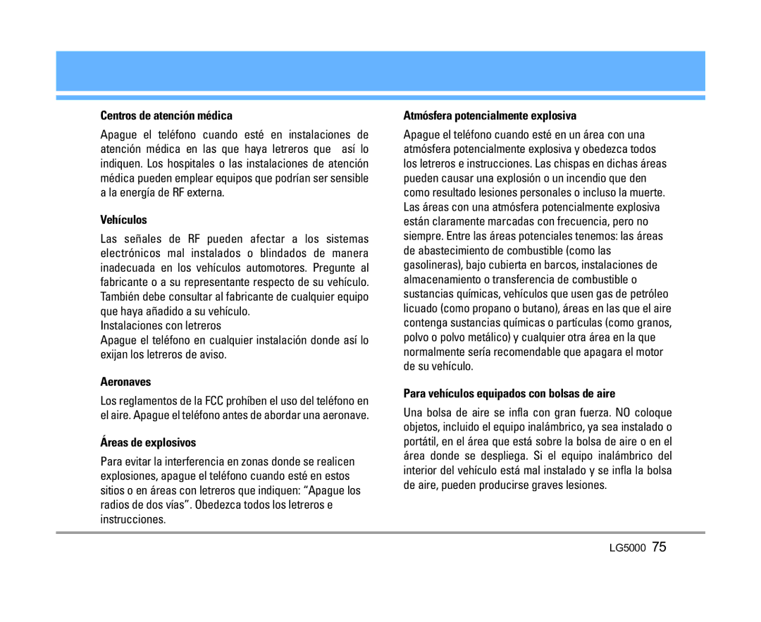 LG Electronics 5000 manual Centros de atención médica, Vehículos, Aeronaves, Áreas de explosivos 