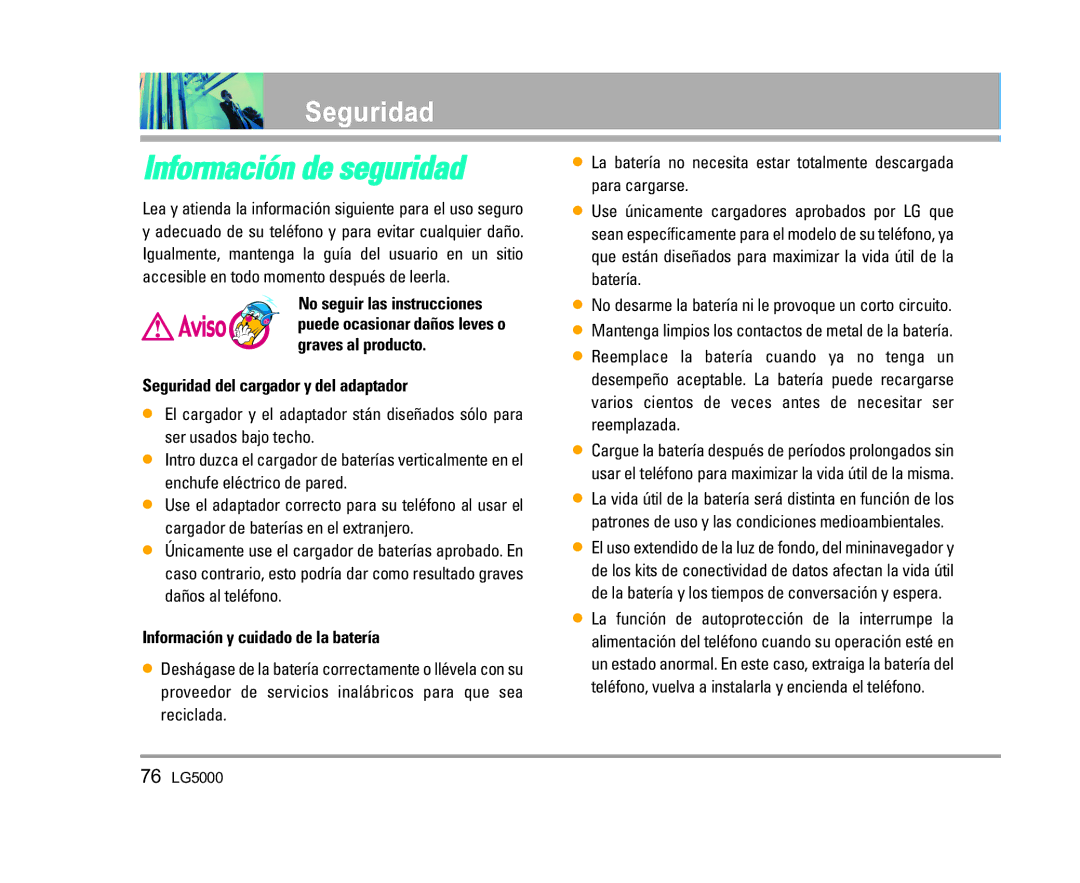 LG Electronics 5000 Información de seguridad, Seguridad del cargador y del adaptador, Información y cuidado de la batería 