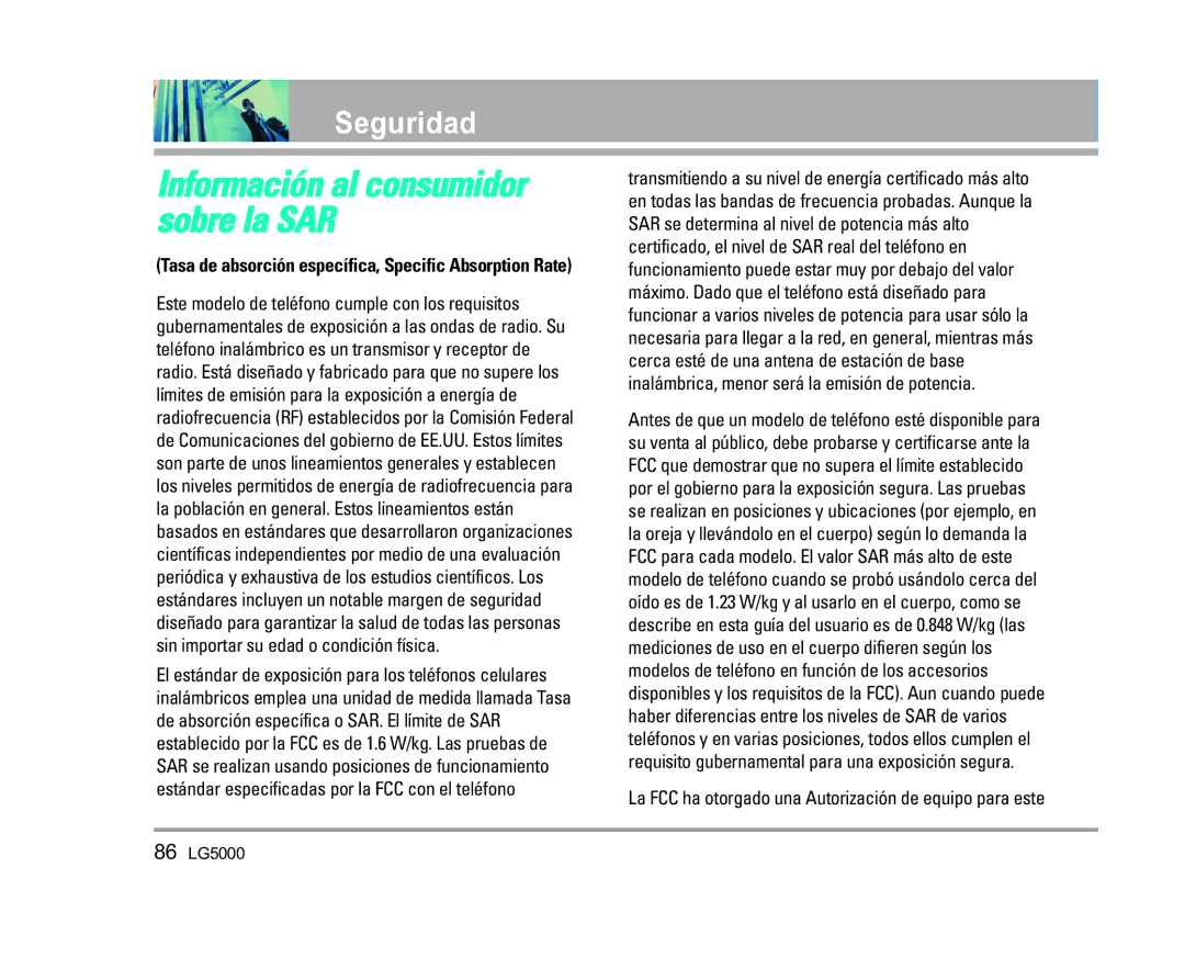 LG Electronics 5000 manual Información al consumidor sobre la SAR 