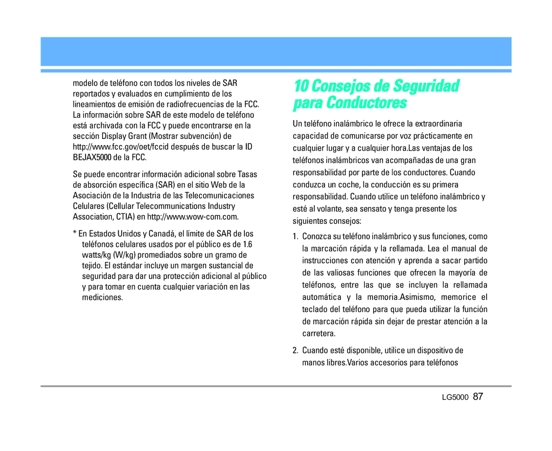 LG Electronics 5000 manual Consejos de Seguridad para Conductores 