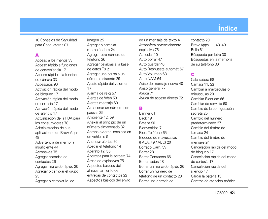 LG Electronics 5000 manual Índice 