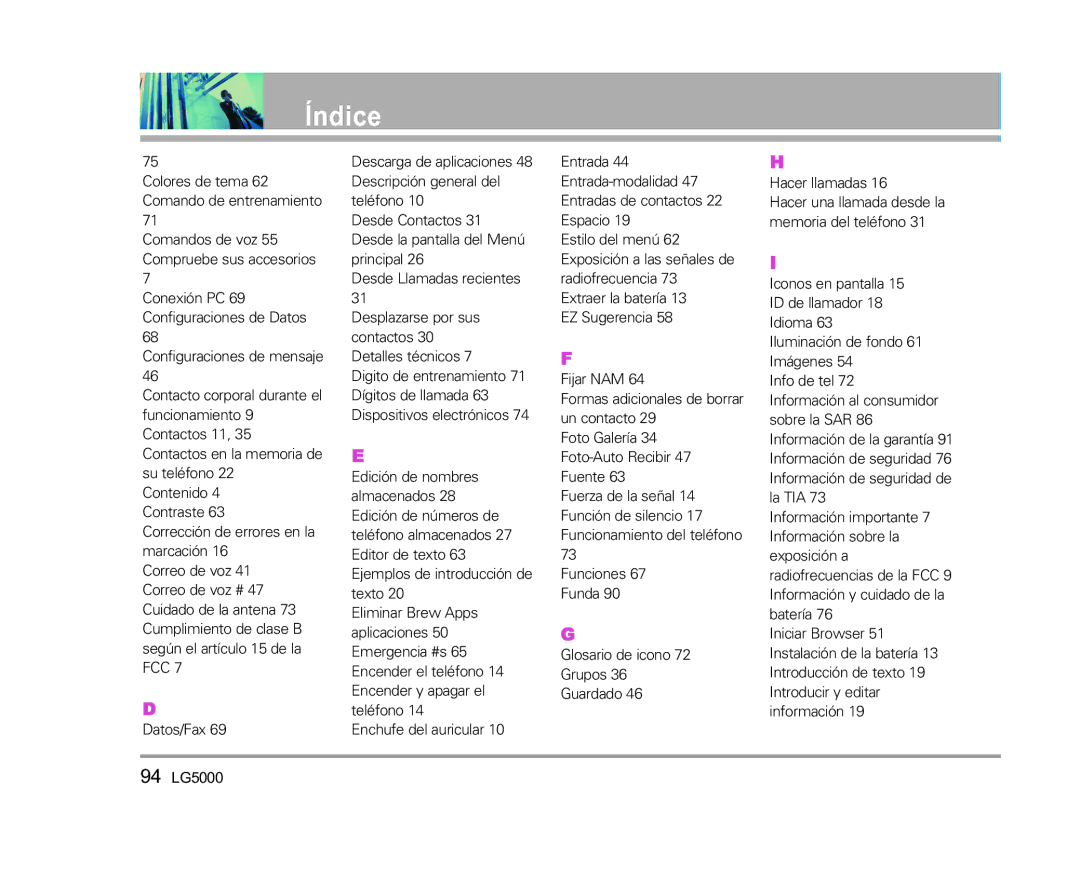 LG Electronics 5000 manual Índice 