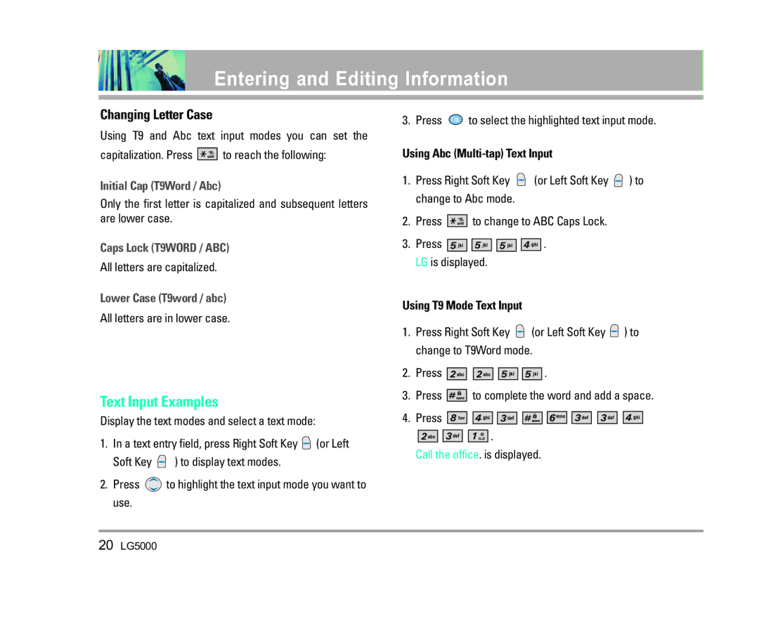 LG Electronics 5000 Text Input Examples, Changing Letter Case, Using Abc Multi-tap Text Input, Using T9 Mode Text Input 