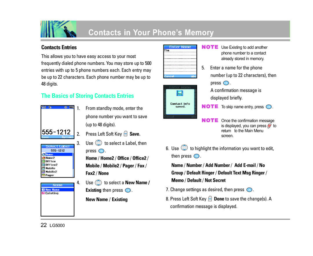 LG Electronics 5000 manual Contacts in Your Phone’s Memory, Basics of Storing Contacts Entries 