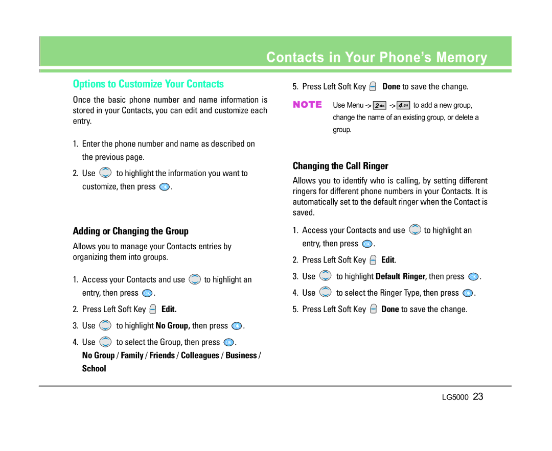 LG Electronics 5000 Options to Customize Your Contacts, Adding or Changing the Group, Changing the Call Ringer, School 
