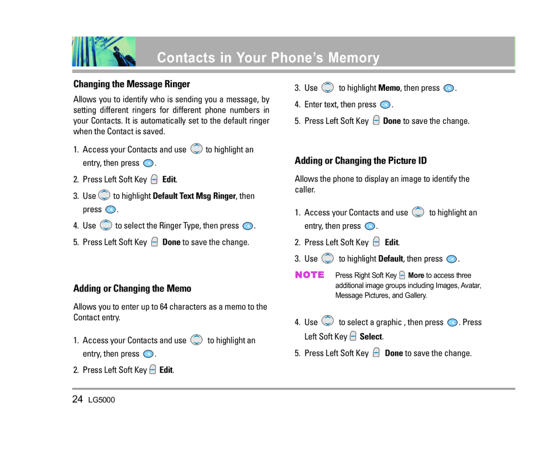 LG Electronics 5000 manual Changing the Message Ringer, Adding or Changing the Memo, Adding or Changing the Picture ID 