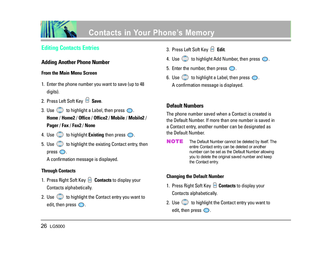 LG Electronics 5000 manual Editing Contacts Entries, Adding Another Phone Number, Default Numbers 