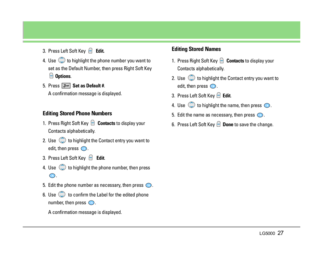 LG Electronics 5000 manual Editing Stored Phone Numbers, Editing Stored Names, Press Set as Default # 