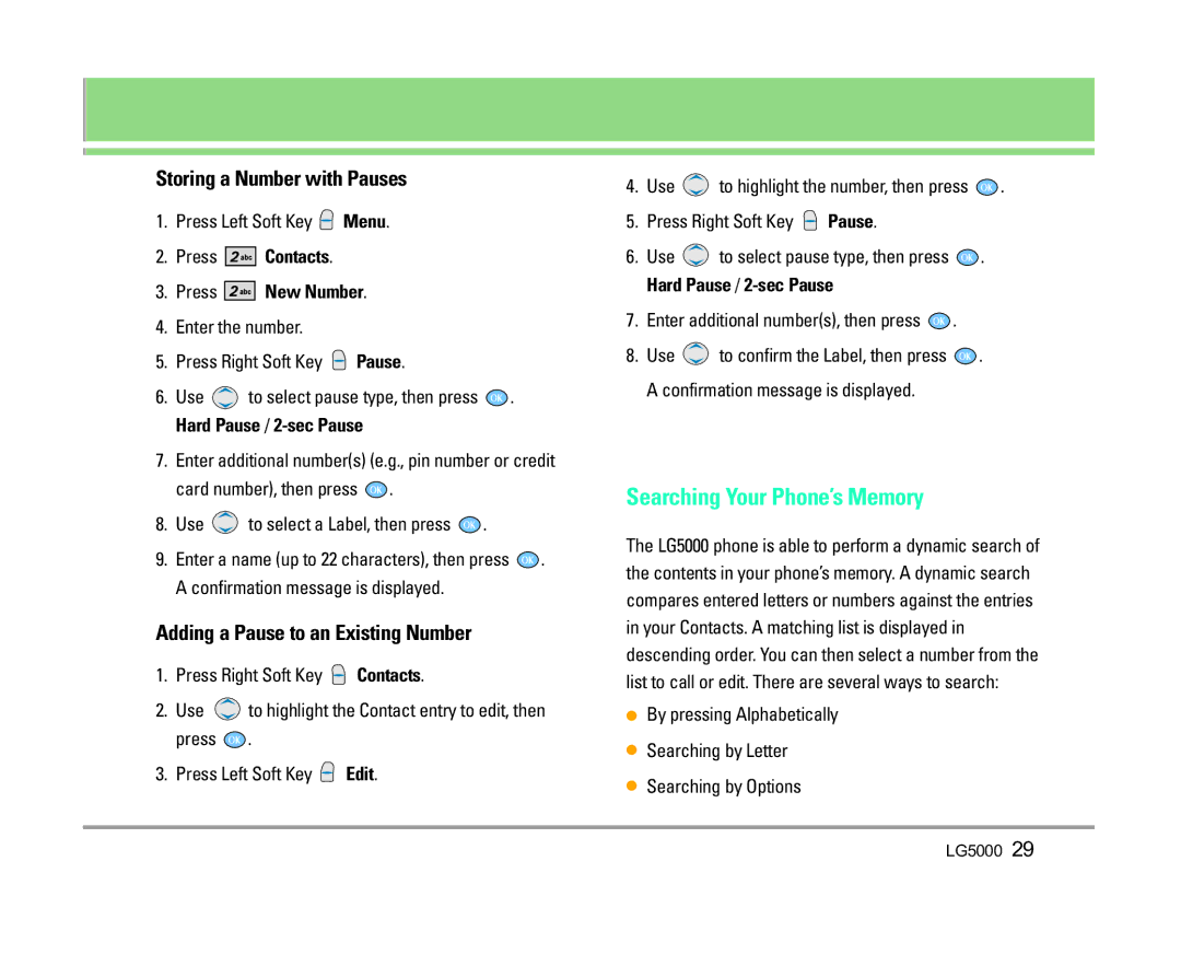 LG Electronics 5000 Searching Your Phone’s Memory, Storing a Number with Pauses, Adding a Pause to an Existing Number 