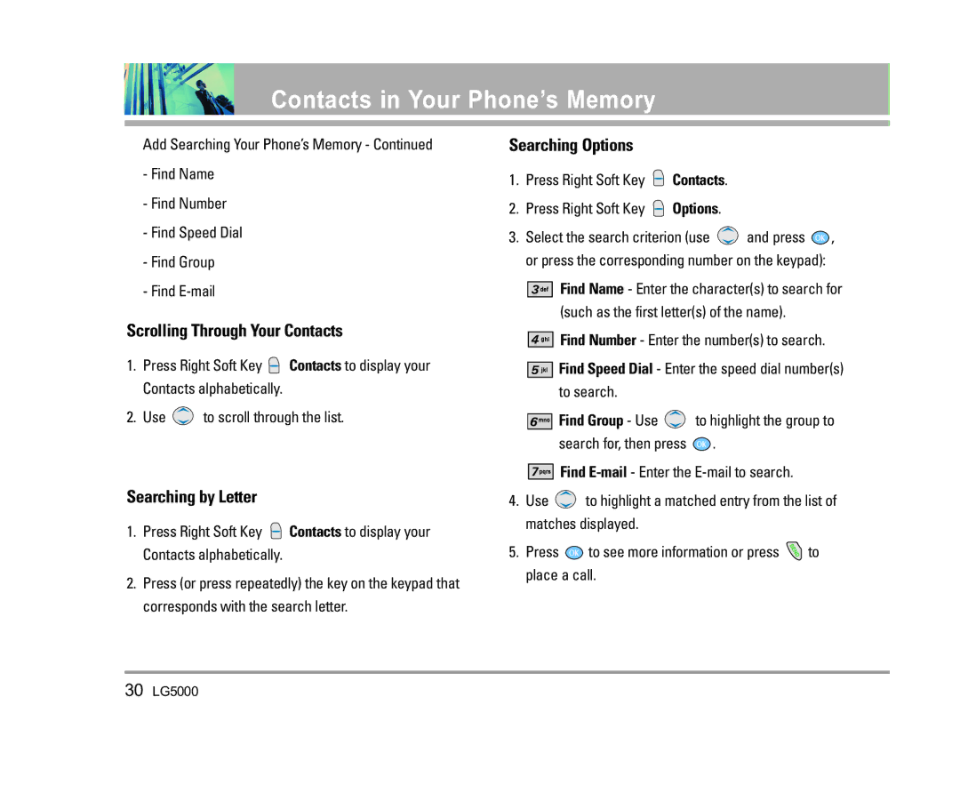 LG Electronics 5000 manual Scrolling Through Your Contacts, Searching by Letter, Searching Options 