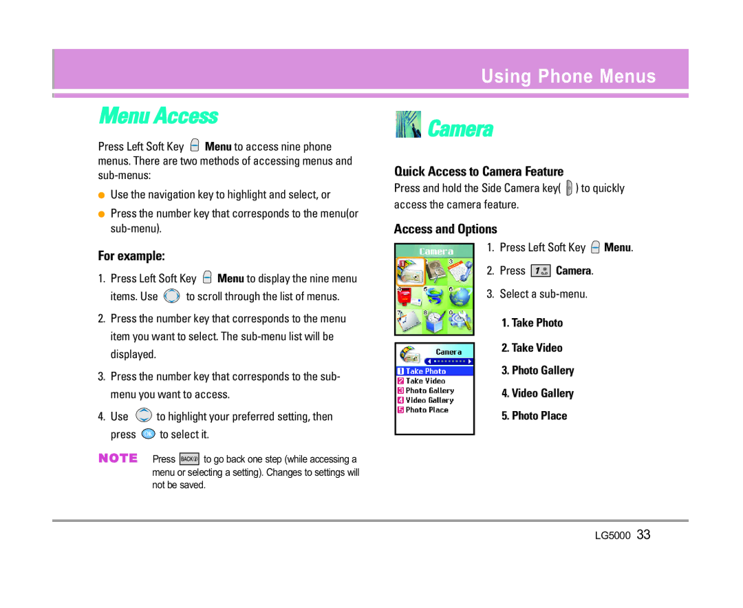 LG Electronics 5000 manual Menu Access, Camera, Using Phone Menus 