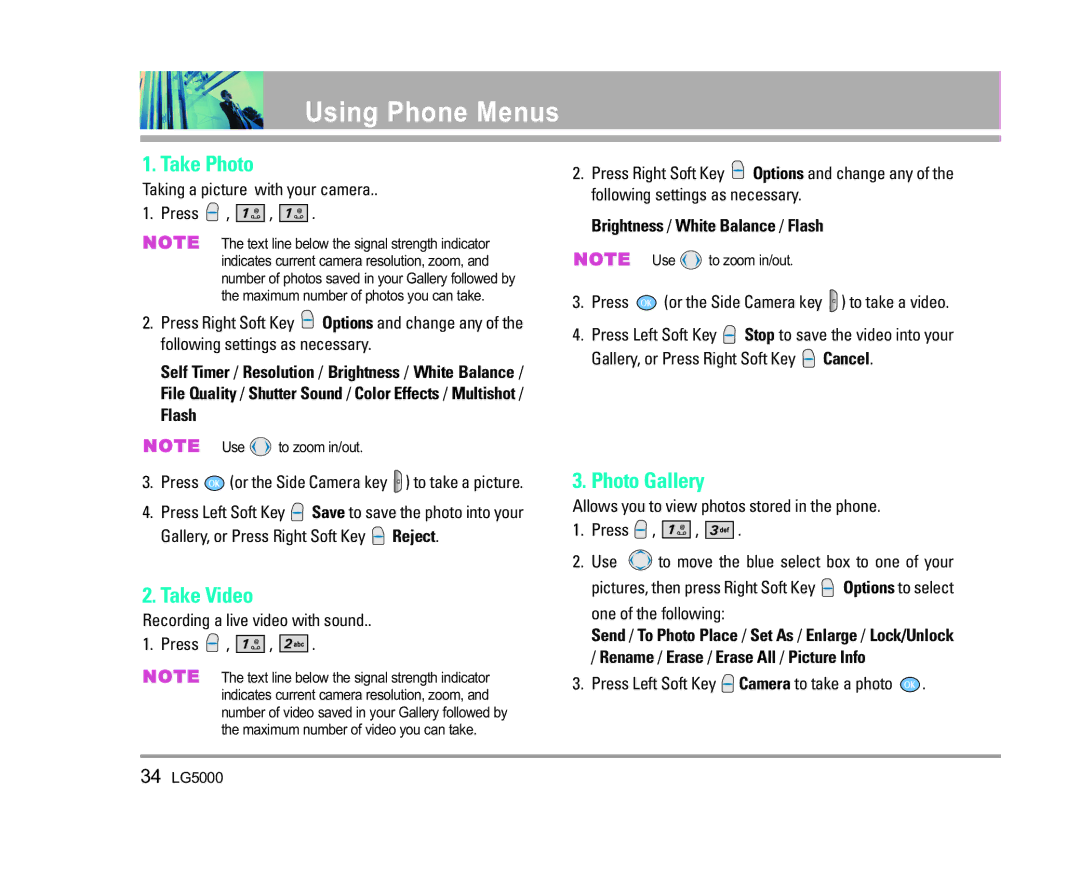 LG Electronics 5000 manual Take Photo, Take Video, Photo Gallery, Brightness / White Balance / Flash 