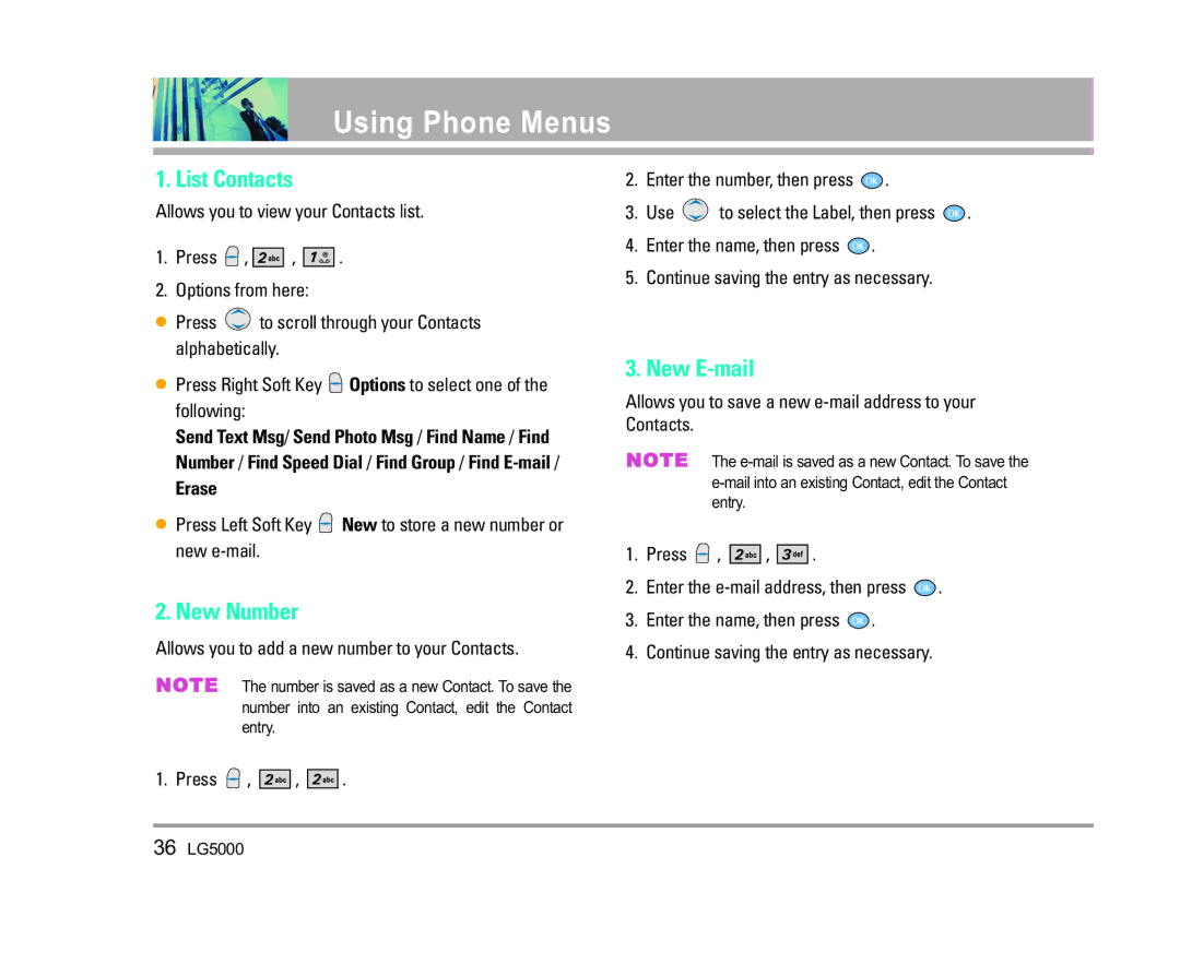 LG Electronics 5000 manual List Contacts, New Number, New E-mail, Erase 