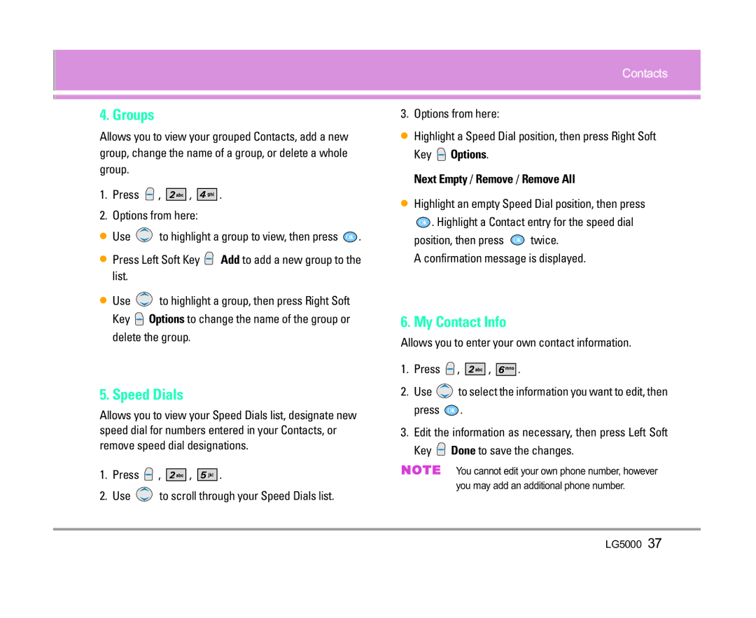 LG Electronics 5000 manual Groups, Speed Dials, My Contact Info, Next Empty / Remove / Remove All 